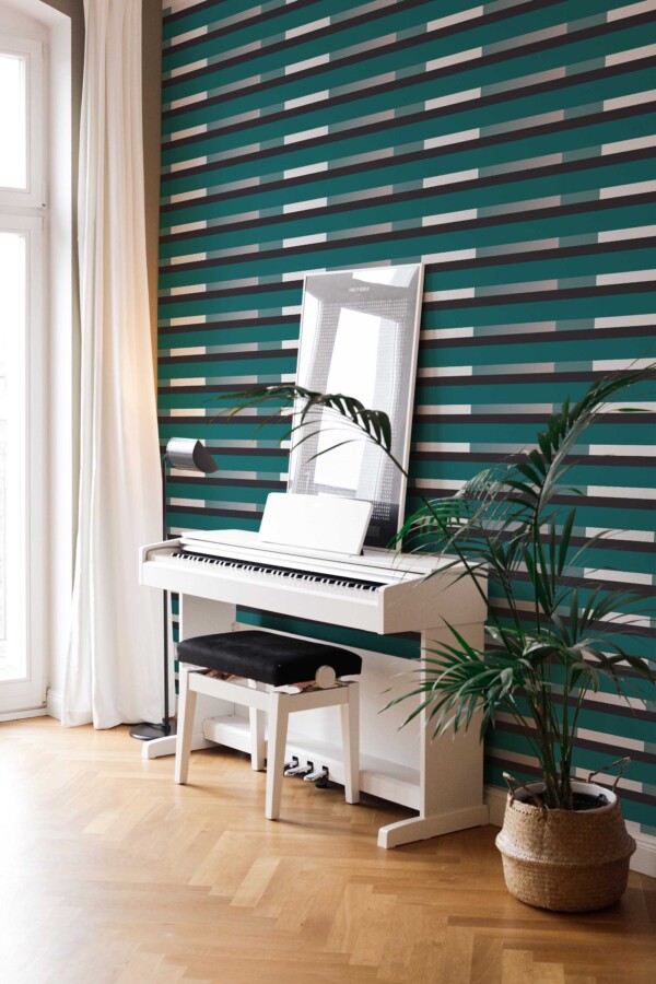Fancy Walls peel and stick wallpaper with teal black and white striped design.