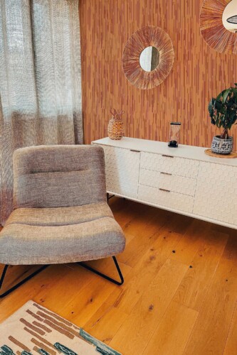 Fancy Walls peel and stick wallpaper with earthy copper striped pattern.