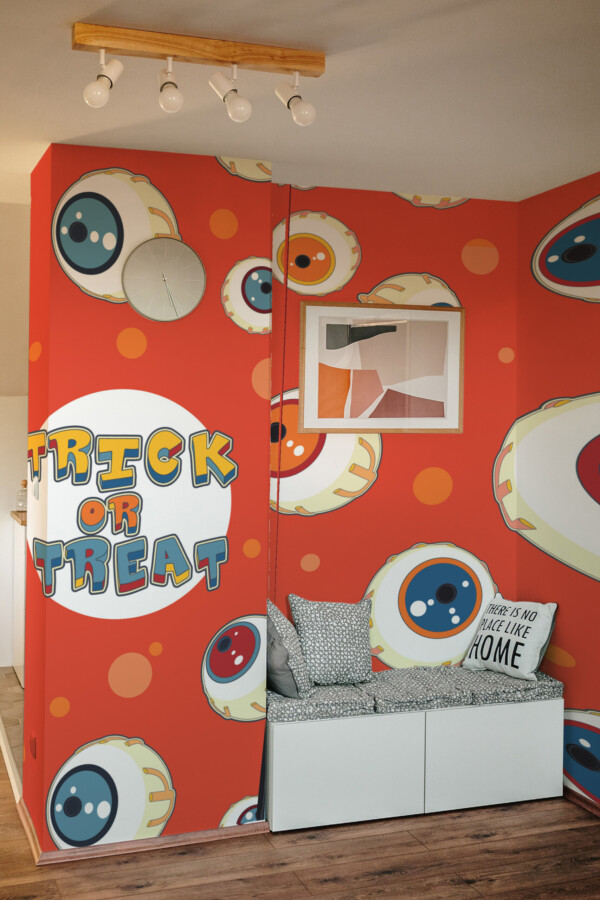 Fancy Walls Trick or Treat Eyes wall mural peel and stick with Halloween eyeball design and bold orange color palette