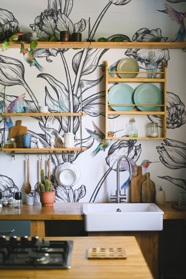 Garden Harmony printed wall mural by Fancy Walls bringing life and grace with sketched tulips and delicate watercolor birds