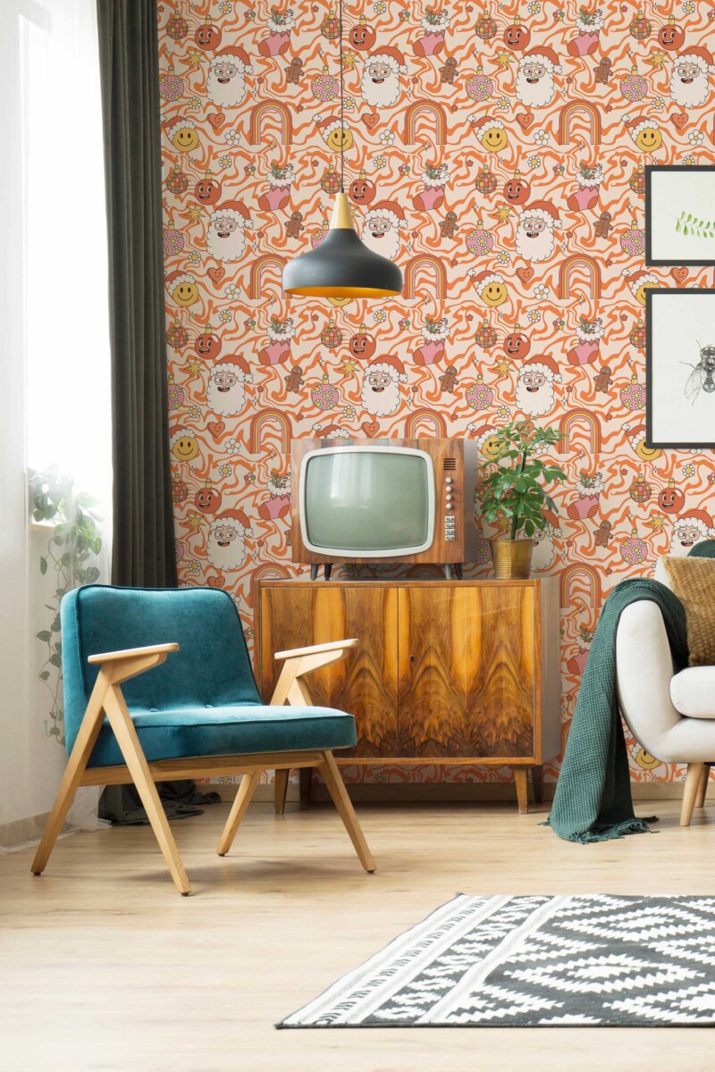 Fancy Walls traditional wallpaper with colorful mid-century Christmas patterns for a stylish funky decor.