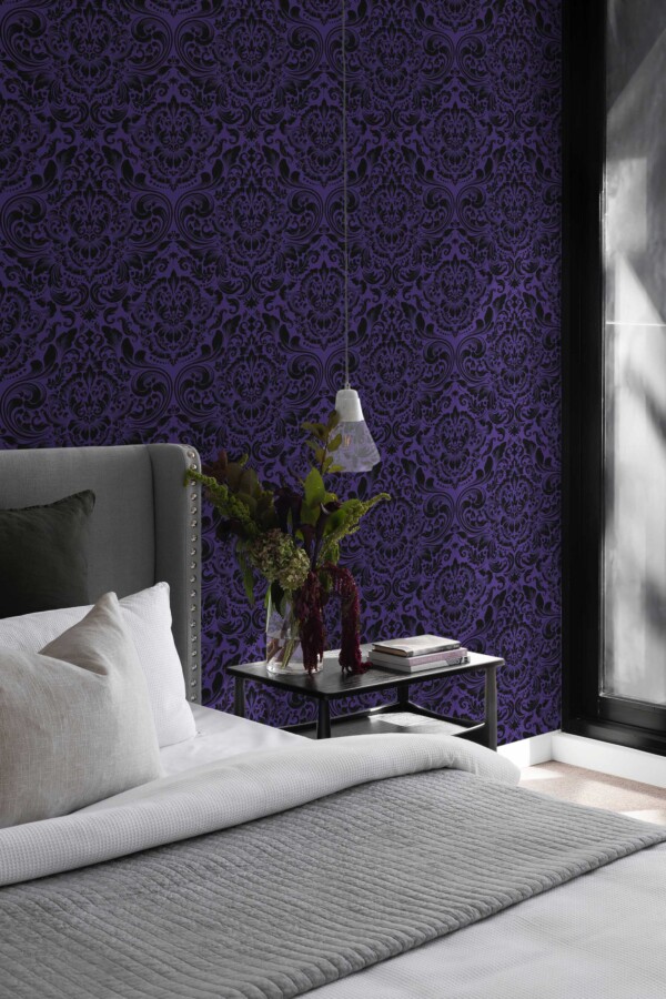 Fancy Walls peel and stick wallpaper with dark purple and black gothic damask pattern.