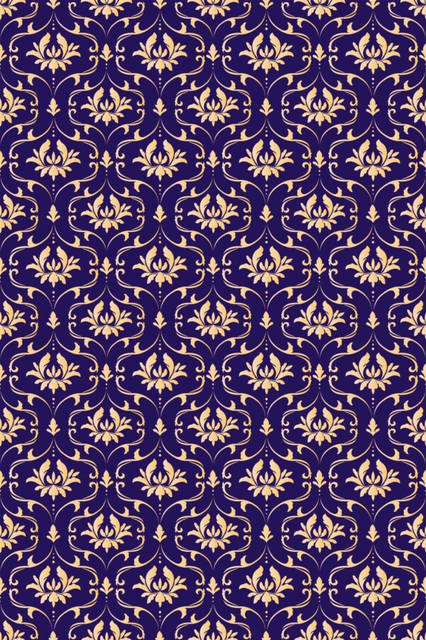 Fancy Walls removable wallpaper showcasing timeless blue and gold damask motif.