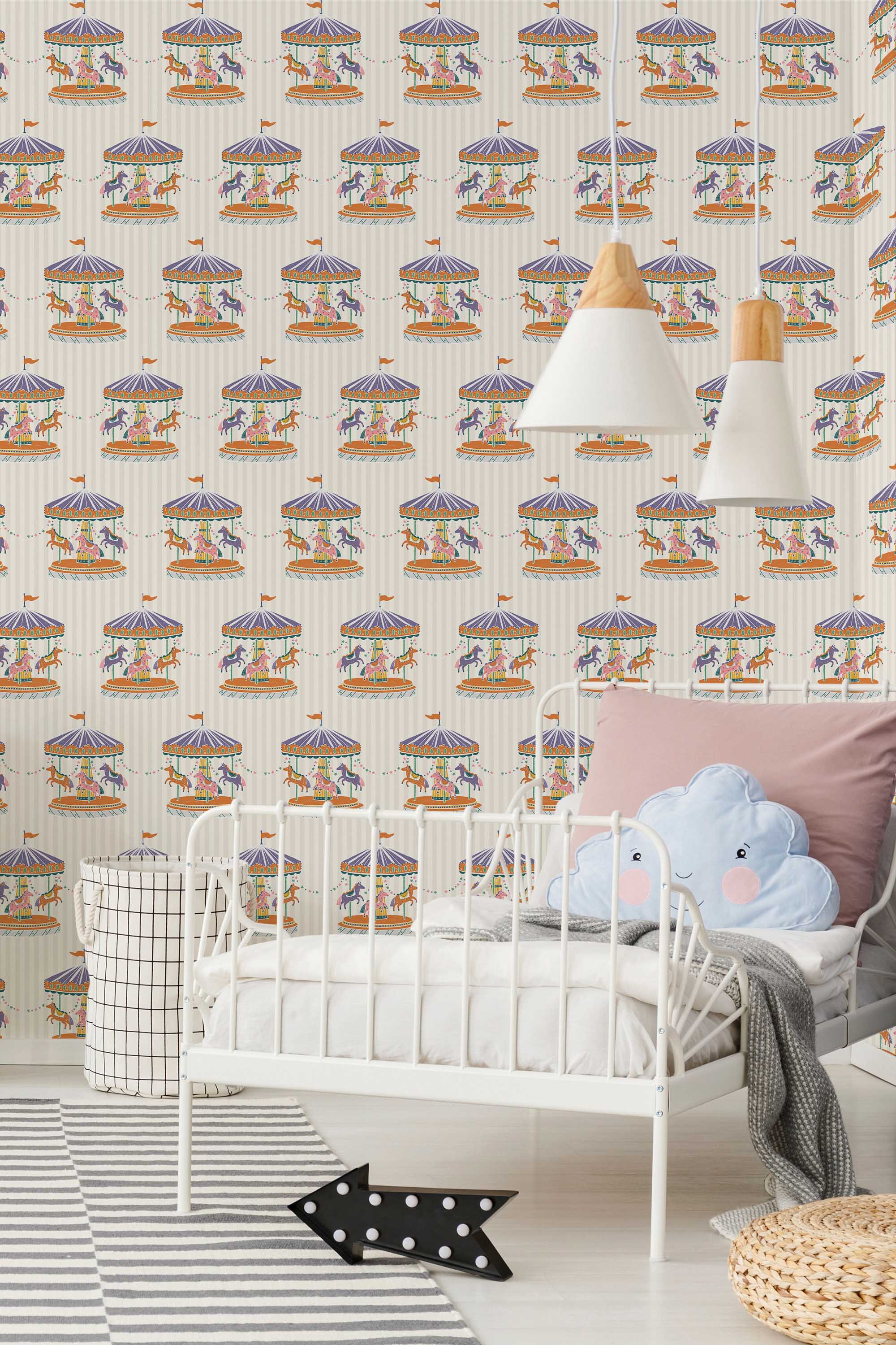 Fancy Walls peel and stick wallpaper featuring colorful carousel horses in beige for a lively retro circus look.