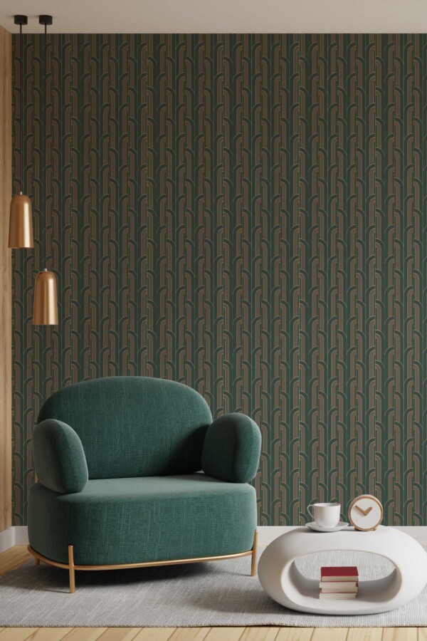 Fancy Walls peel and stick wallpaper with vintage green art deco pattern.