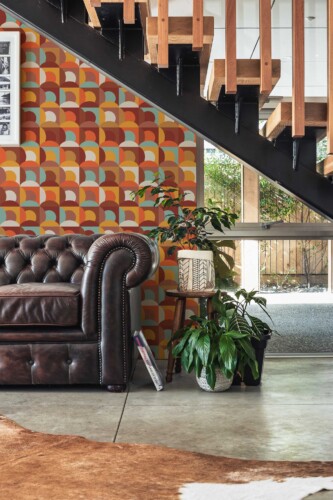 Fancy Walls self-adhesive wallpaper featuring vintage copper and brown geometric pattern.