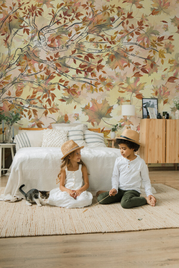Fancy Walls Maple Falling Leaves printed wall mural combining elegant watercolor textures with natural autumn details wall mural printing quality