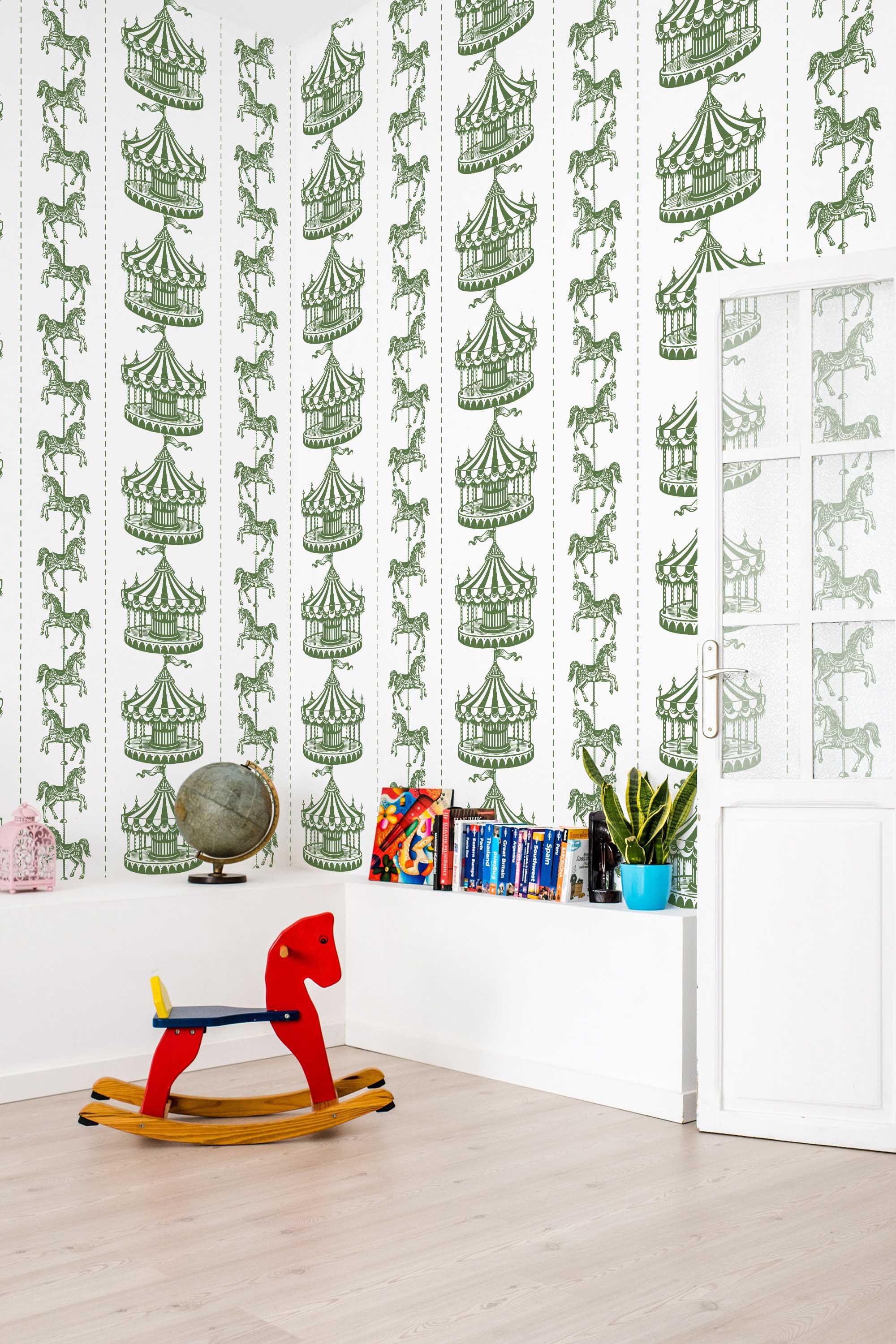 Fancy Walls peel and stick wallpaper with green vintage circus carousel icons for a nostalgic antique look.