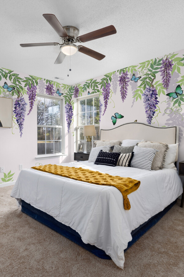 Whispering Wisteria wall mural by Fancy Walls showing flowing purple blossoms and soft green leaves wall mural peel and stick design