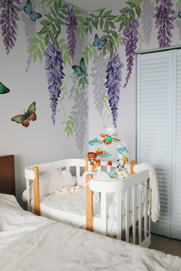 Whispering Wisteria wall mural by Fancy Walls perfect as a commercial peel and stick wall mural for living rooms, bedrooms, or salons
