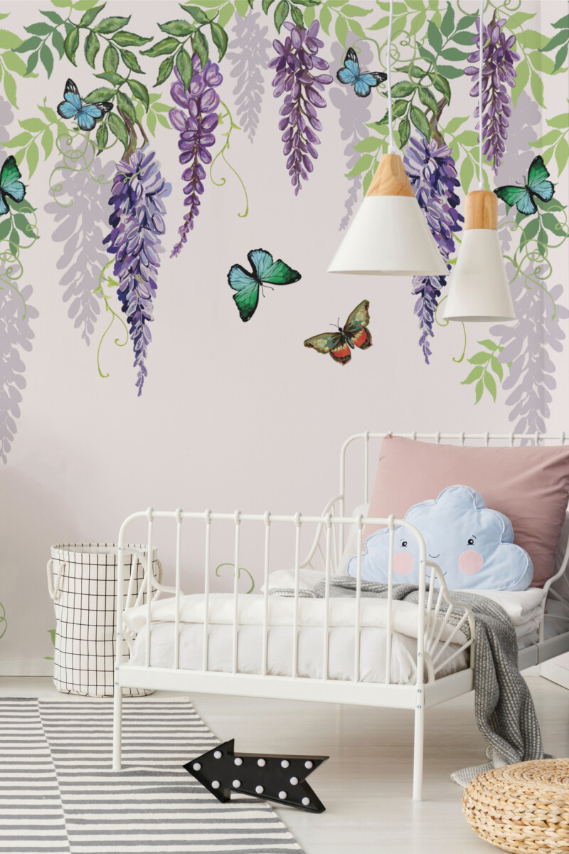 Whispering Wisteria printed wall mural by Fancy Walls combining soft lavender tones with flying butterflies for artistic walls