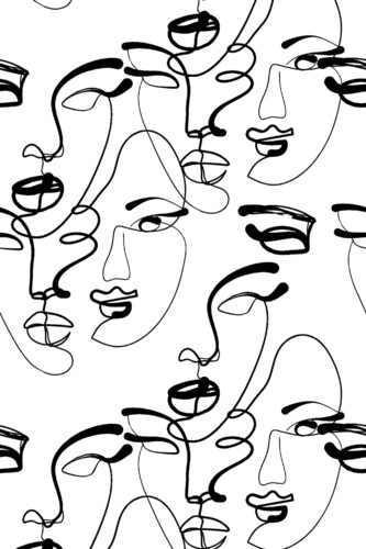 Fancy Walls self-adhesive wallpaper featuring minimalist woman face drawings in black and white.