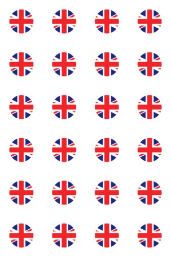 Fancy Walls self-adhesive wallpaper featuring navy and red circular Union Jack patterns.