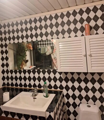 Harlequin peel and stick wallpaper installed in bathroom - review picture submitted by Jurgis
