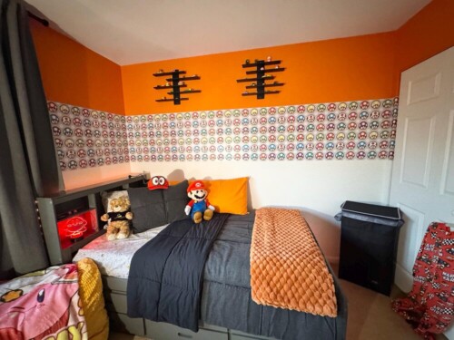 Playful Mushroom peel and stick wallpaper installed in kids room - review picture submitted by Jurgis