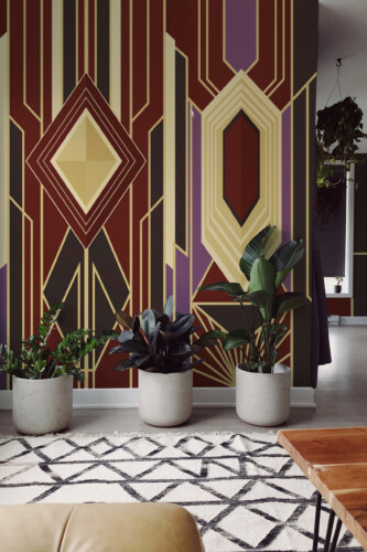 Fancy Walls Art Deco Ember Geometry peel and stick wall mural with warm golden and maroon geometric accents.