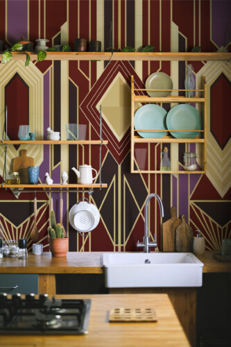 Fancy Walls Art Deco Ember Geometry wall mural peel and stick design in earthy tones with bold symmetry.