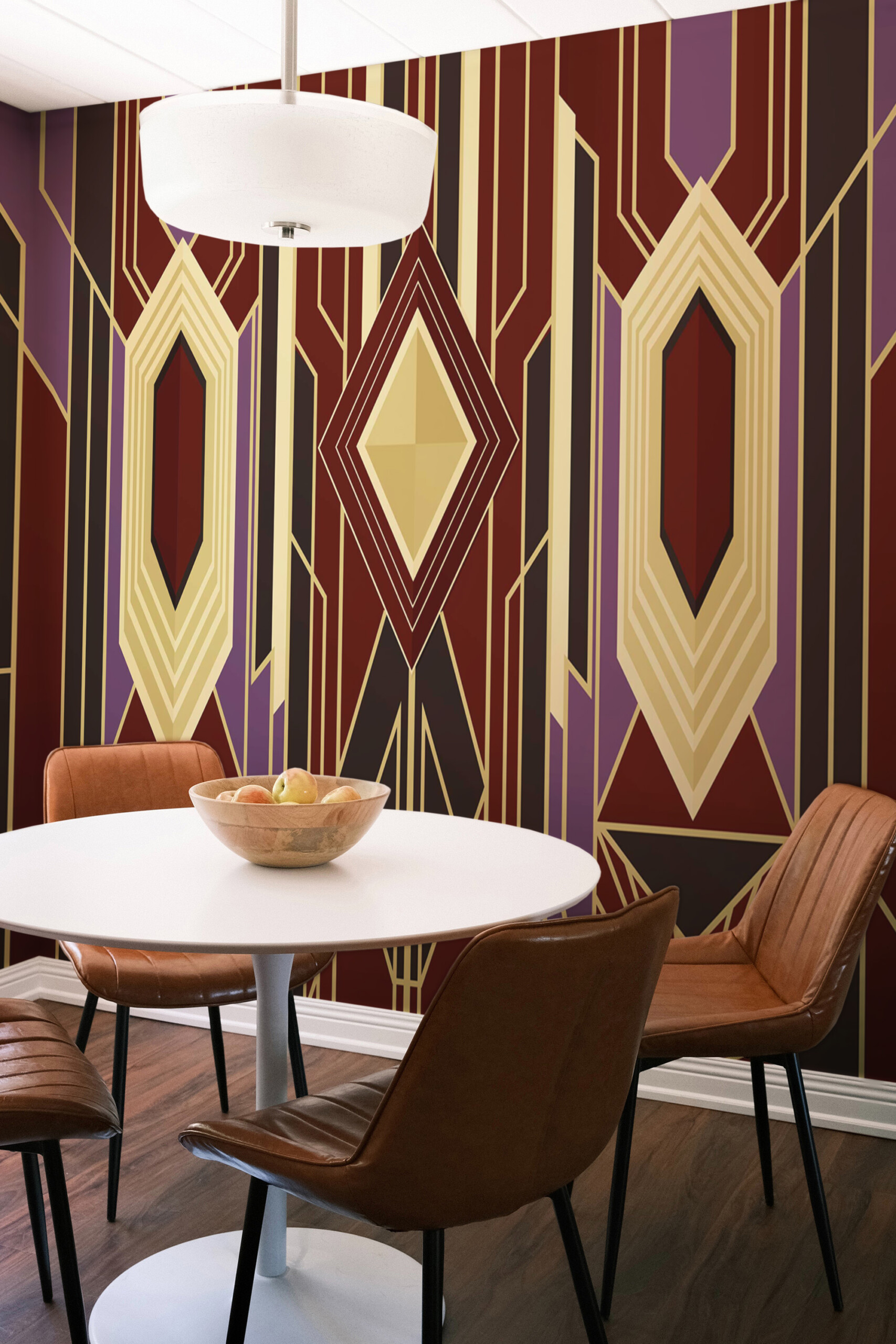 Fancy Walls Art Deco Ember Geometry wall mural featuring elegant shapes in gold, purple, and rust hues.