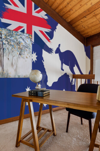 Fancy Walls Australia Map and Flag peel and stick wall mural with blue continent silhouette and kangaroo.
