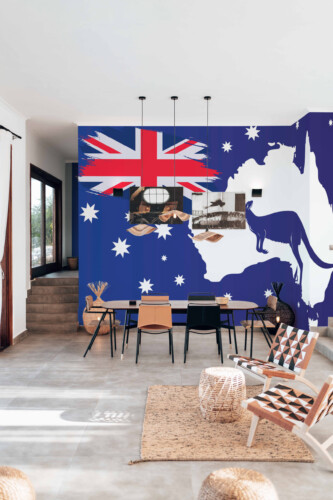 Fancy Walls Australia Map and Flag wall mural peel and stick showing brush stroke AU flag and kangaroo design.