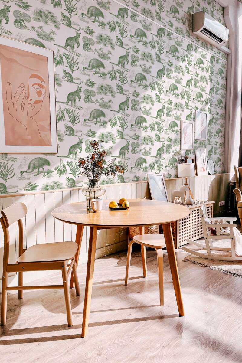 Fancy Walls peel and stick wallpaper featuring soft green Australian flora and fauna sketches.