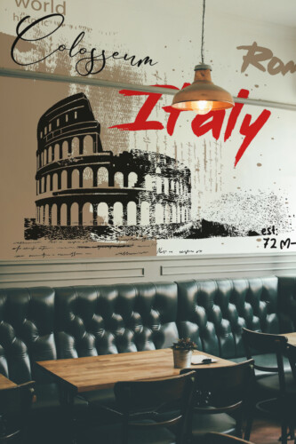 Fancy Walls Colosseum Modern Graffiti peel and stick wall mural featuring Italy’s Colosseum with modern beige brushstrokes.