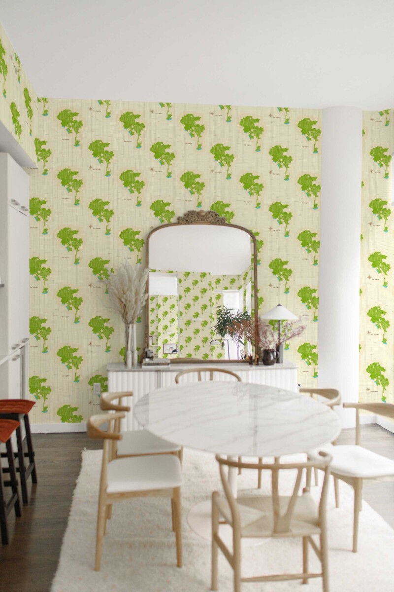 Fancy Walls traditional wallpaper displaying illustrative Los Angeles elements in beige.