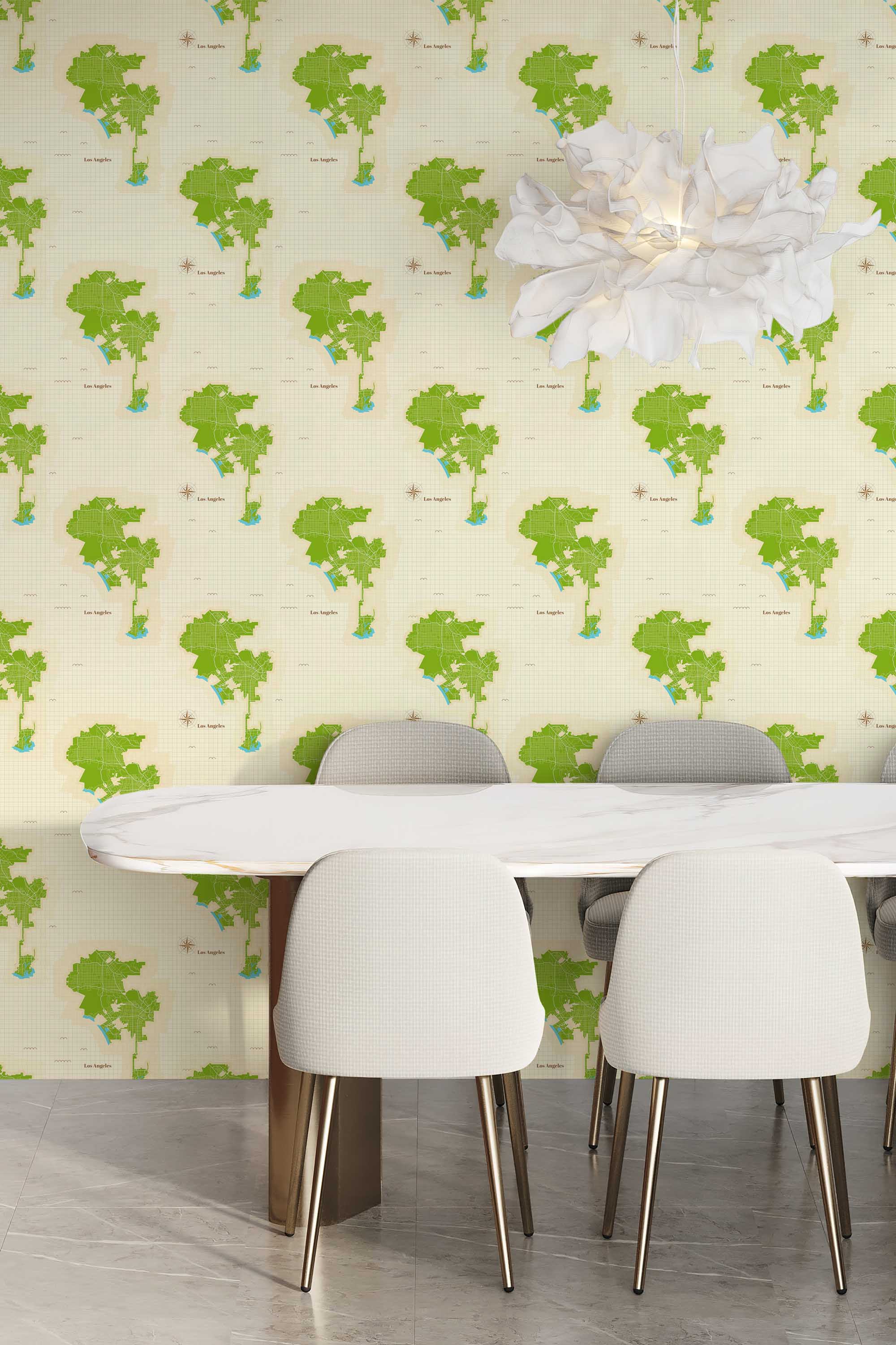 Fancy Walls peel and stick wallpaper with pale green Los Angeles illustration on beige.