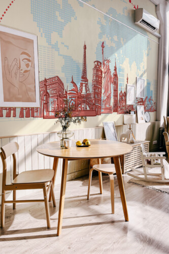 Fancy Walls Multicultural Travel Landmarks peel and stick wall mural featuring world-famous monuments on a beige background.