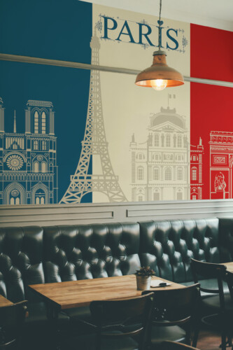 ancy Walls Vintage Paris Elegance peel and stick wall mural inspired by France landmarks in beige tones.