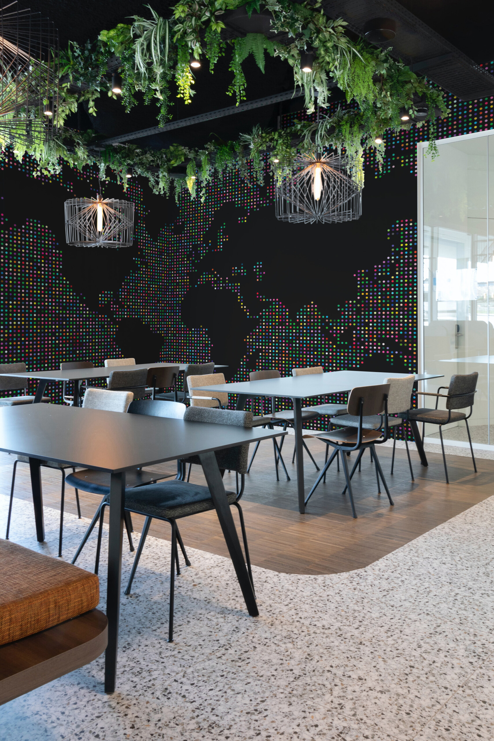 Fancy Walls Dark Dotted World Map wall mural peel and stick featuring bright dotted world continents.