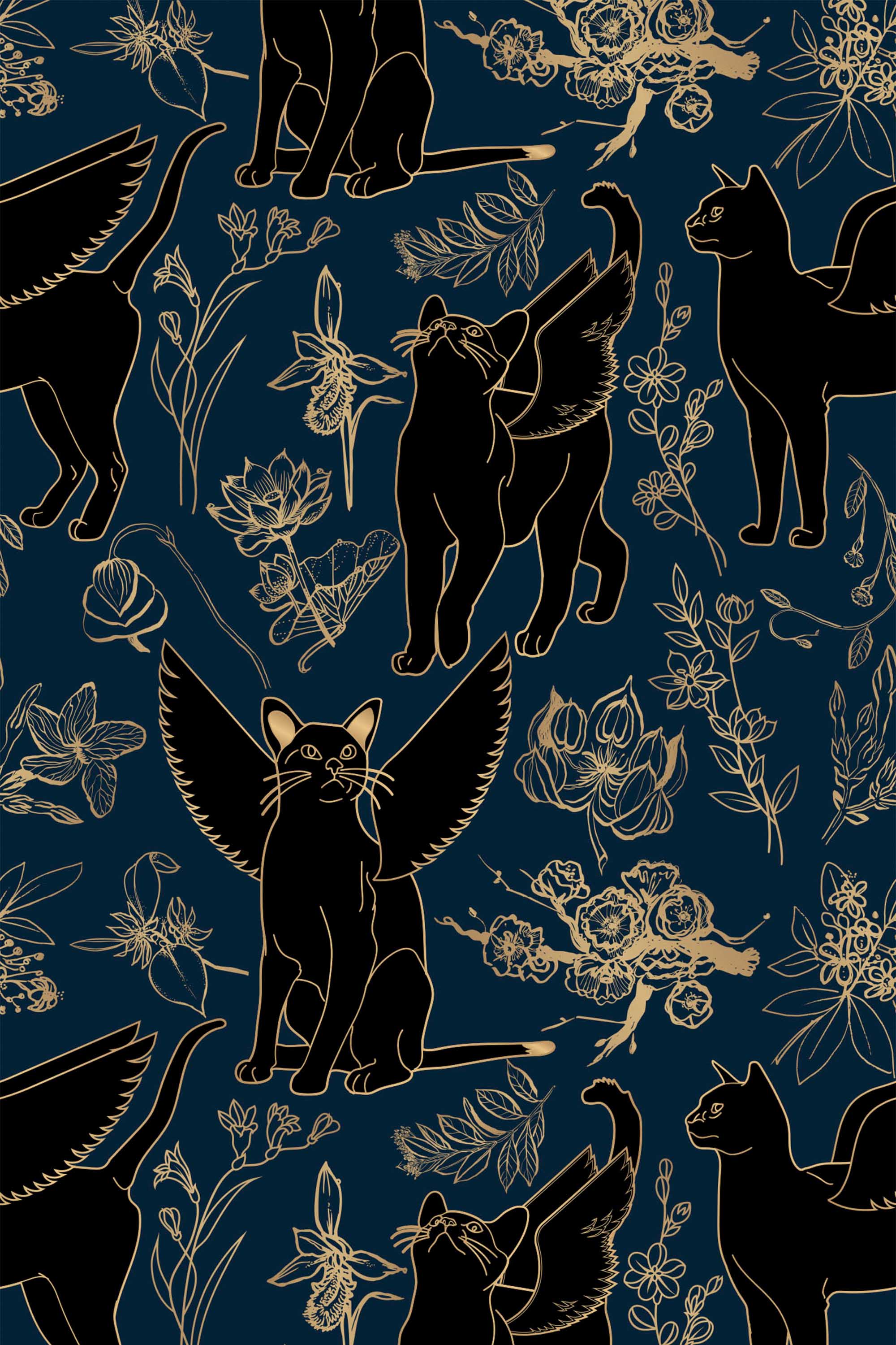 Fancy Walls self-adhesive wallpaper with luxury cat motifs in gold on black for a decorative dramatic look.