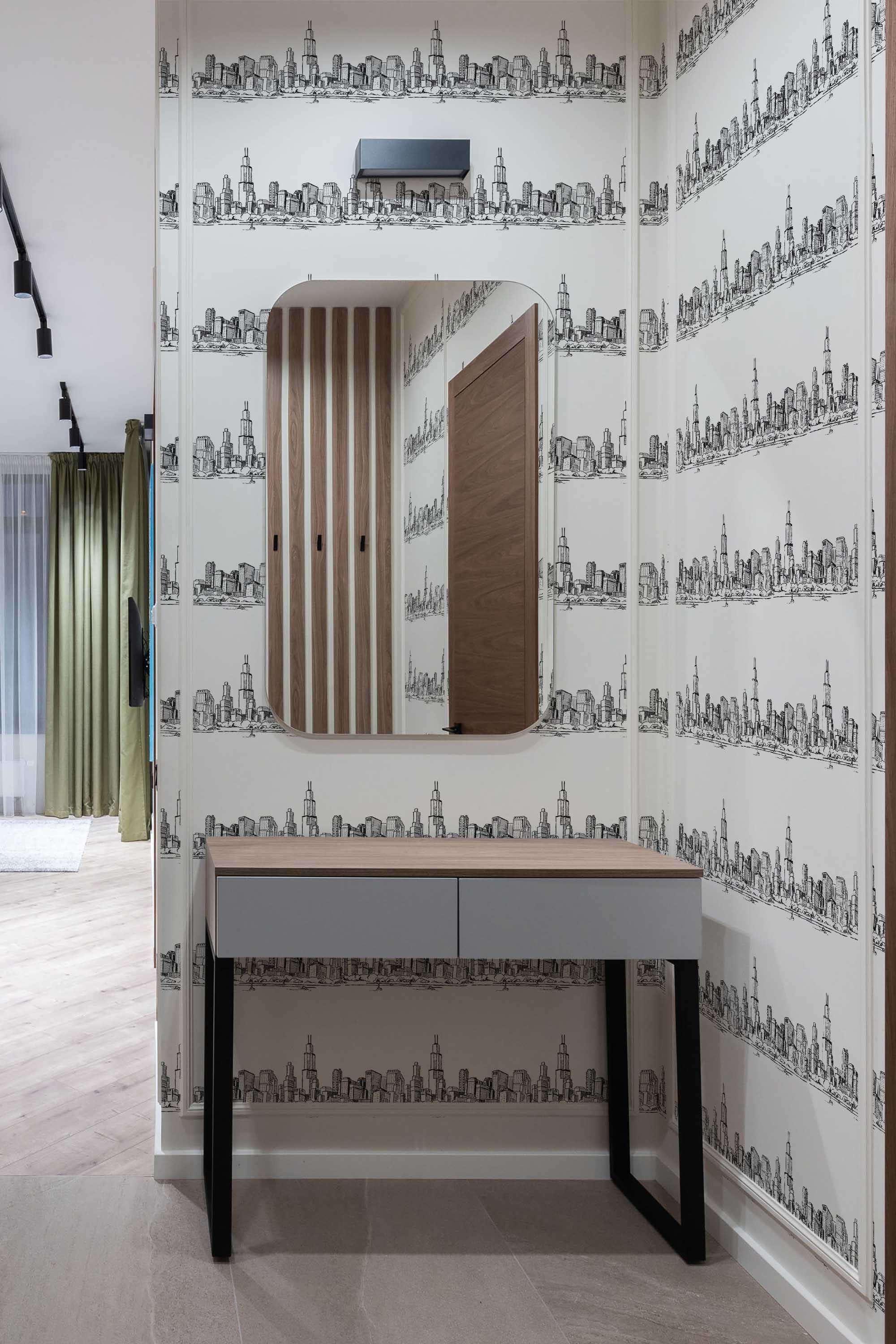 Fancy Walls self-adhesive wallpaper with illustrated Chicago skyline line art.