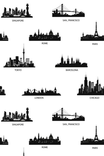 Fancy Walls removable wallpaper showcasing black and white cityscape motifs.