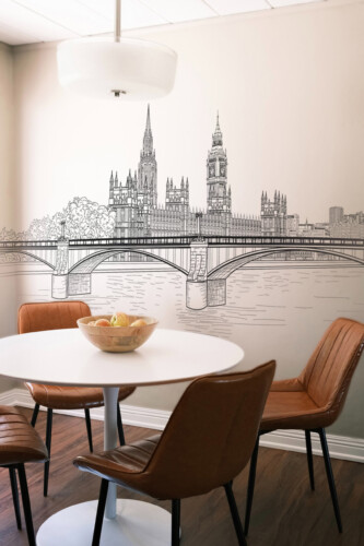 Fancy Walls London Sketch Wall Mural peel and stick wall mural with hand-drawn landmark skyline and bridge details.