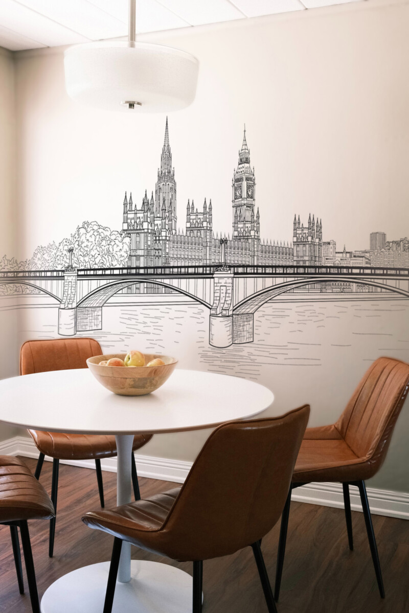 Fancy Walls London Sketch Wall Mural peel and stick wall mural with hand-drawn landmark skyline and bridge details.