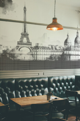 Paris Mosaic Skyline by Fancy Walls peel and stick wall mural with monochrome dotted cityscape design