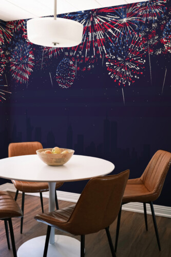 Fancy Walls Patriotic Fireworks Skyline peel and stick wall mural with bold red white blue bursts over New York silhouette.