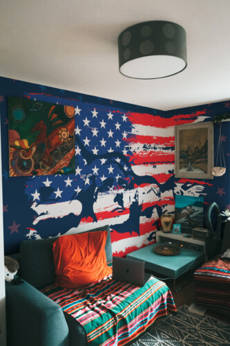 Fancy Walls Graffiti Rushmore Flag peel and stick wall mural with distressed USA brush strokes.