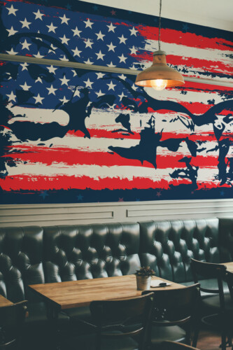 Fancy Walls Graffiti Rushmore Flag wall mural peel and stick featuring abstract Mount Rushmore art.