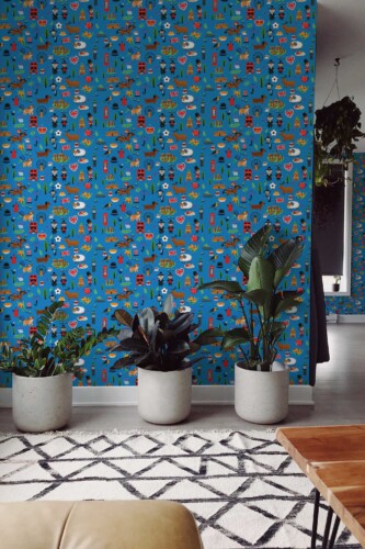 Fancy Walls self-adhesive wallpaper with playful UK elements in vibrant blue.