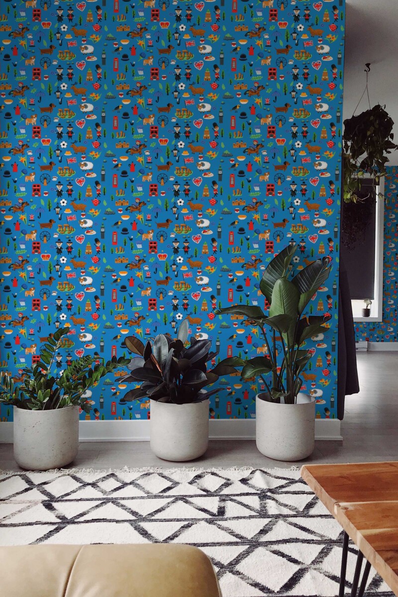 Fancy Walls self-adhesive wallpaper with playful UK elements in vibrant blue.
