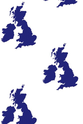 Fancy Walls removable wallpaper showing bold navy UK map shapes on white for a nautical cartographic mood.