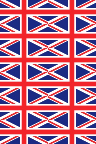 Fancy Walls self-adhesive wallpaper showing iconic Union Jack geometry in classic blue tones.