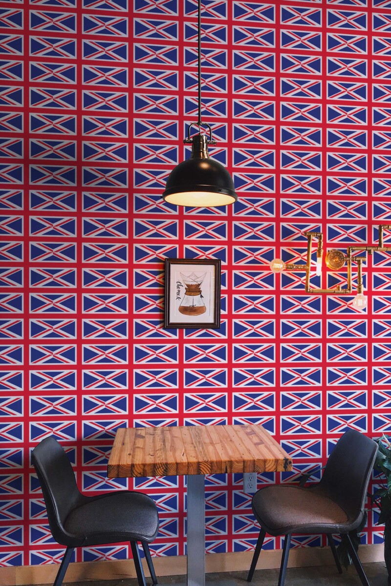 Fancy Walls peel and stick wallpaper featuring a bold full-field UK flag in blue red and white.
