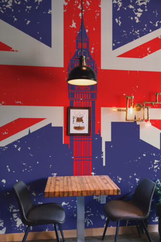 Fancy Walls Union Jack with Big Ben peel and stick wall mural featuring grunge-style British flag design.