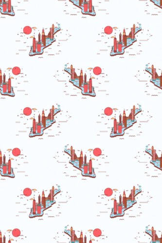Fancy Walls removable wallpaper showing urban Manhattan silhouettes in muted red and blue.
