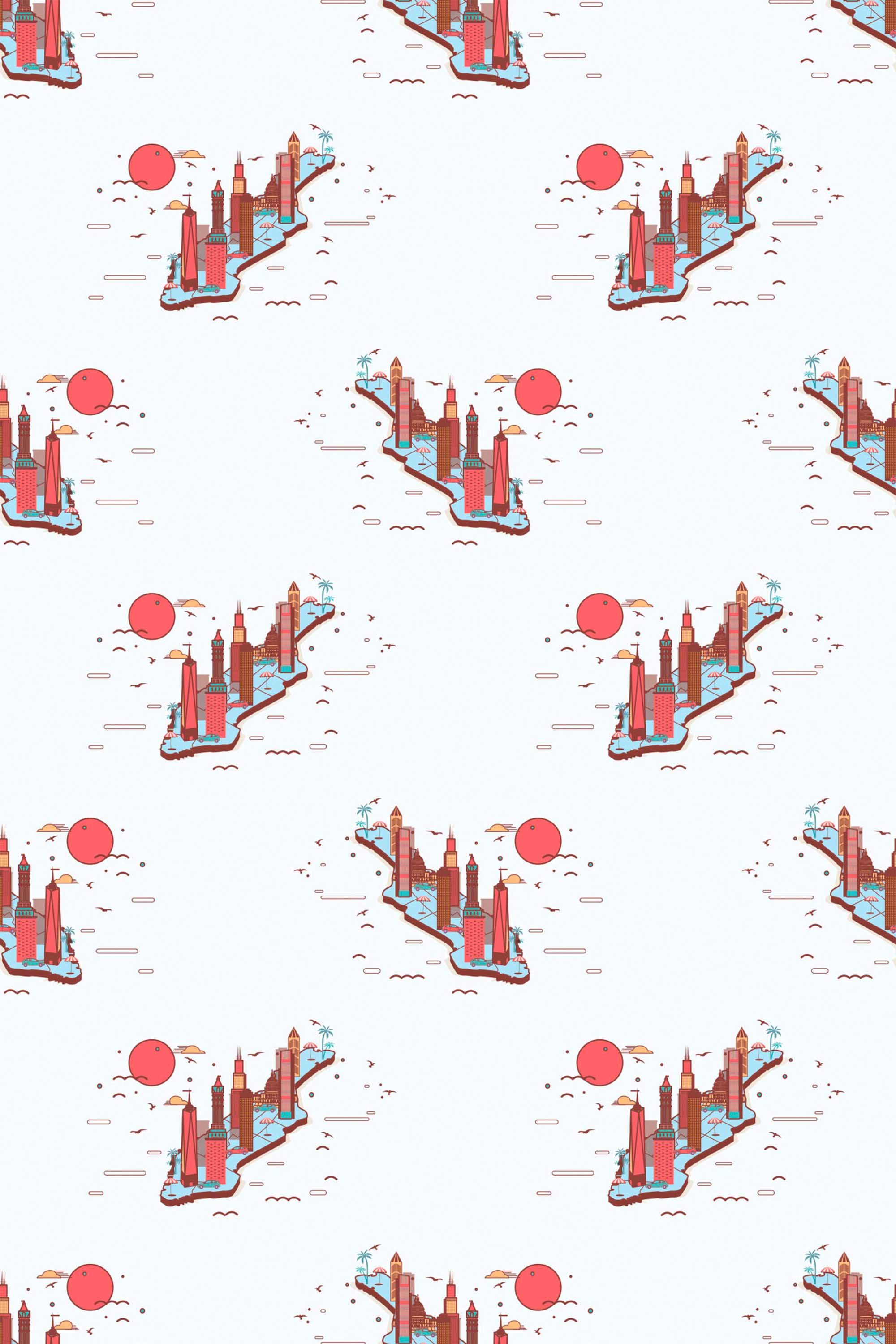 Fancy Walls removable wallpaper showing urban Manhattan silhouettes in muted red and blue.