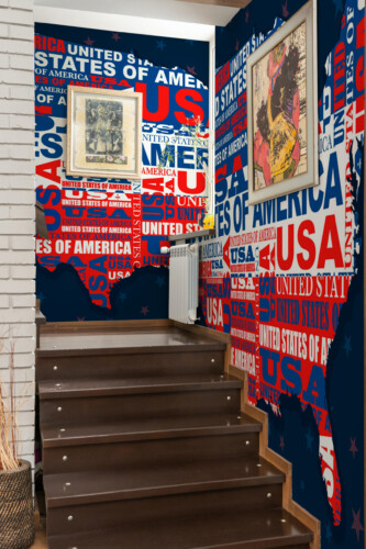 Fancy Walls Creative USA Map wall mural peel and stick featuring bold USA typography in national colors.