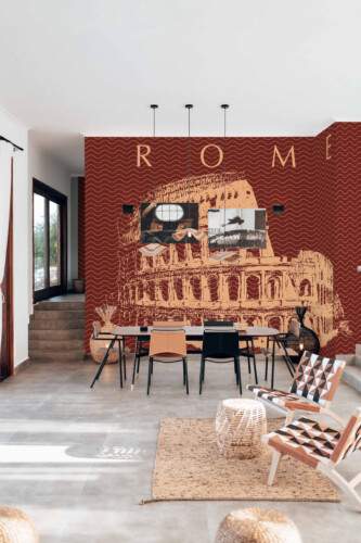 Fancy Walls Bold Vintage Colosseum peel and stick wall mural featuring hand-drawn Colosseum on burgundy waves.